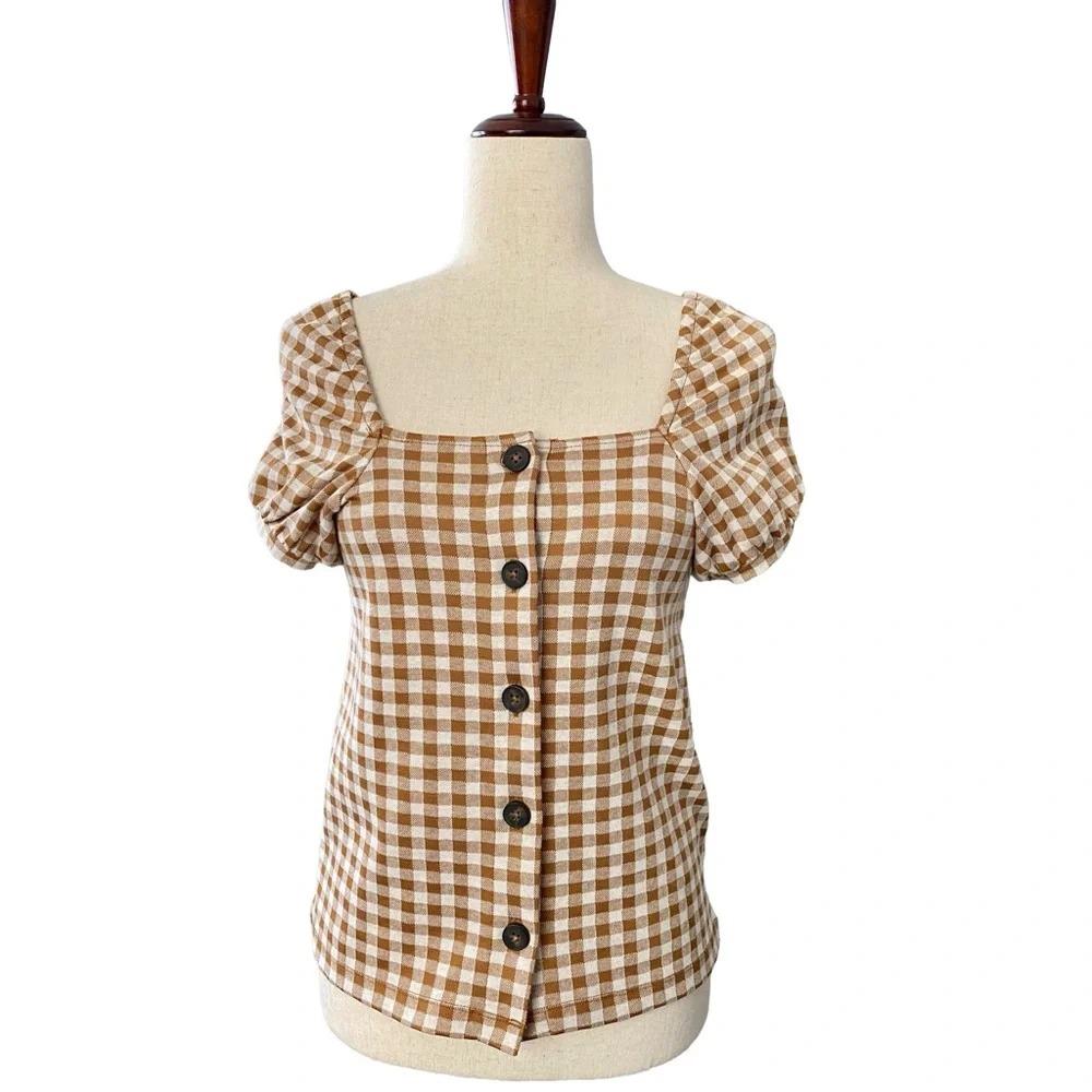Madewell Gingham Jacquard Square-Neck Puff-Sleeve Top XXS